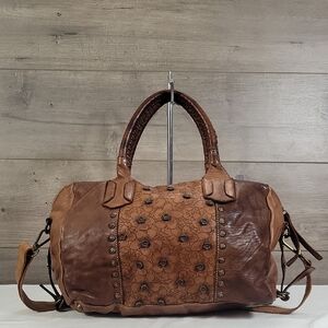 Constanza Rota Brown Floral-Studded Leather Satchel Crossbody Bag